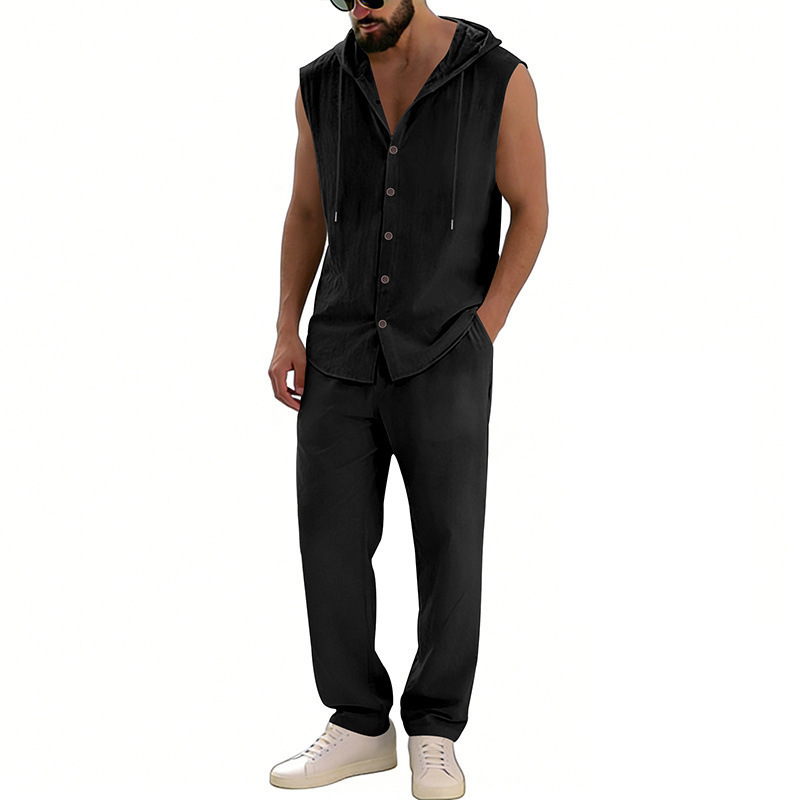 Loose-fitting Casual Hooded Sleeveless Shirt And Pants Set - Image 6