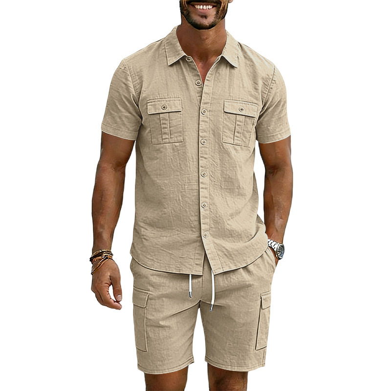 Men's Lapel Shirt And Multi-Pocket Shorts Set - Image 2