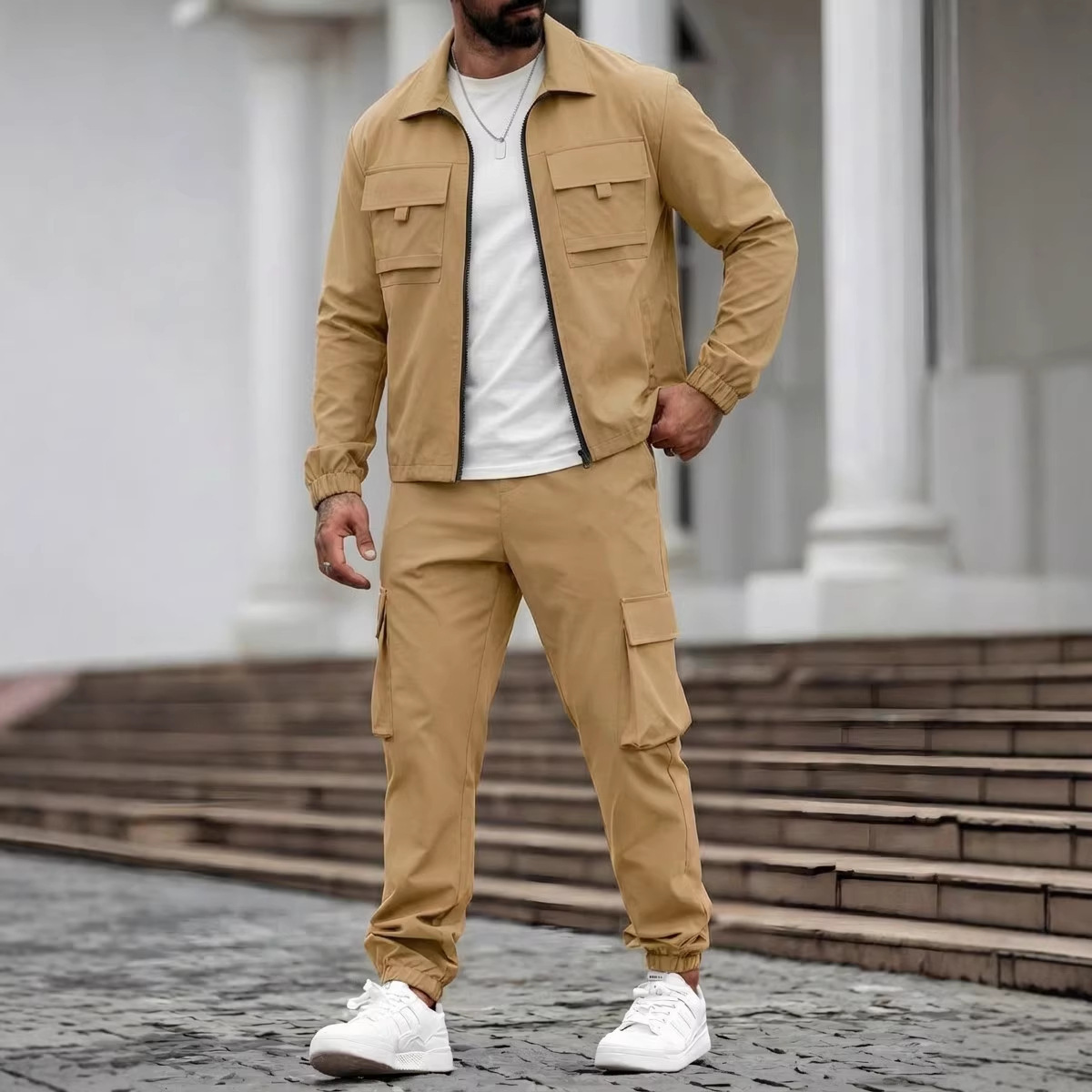 Mens Long-Sleeve Zip-Up Top And Pants Casual Workwear Set - Image 5