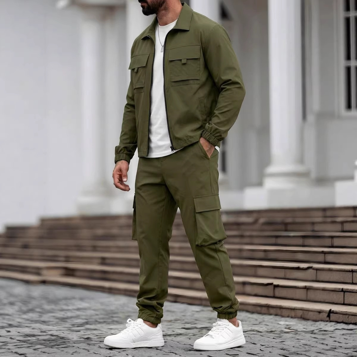 Mens Long-Sleeve Zip-Up Top And Pants Casual Workwear Set - Image 2