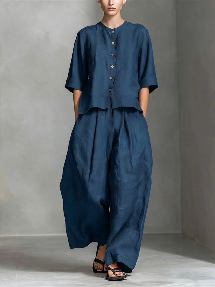 Solid-color Cotton-linen Shirt And Loose-fitting Trousers Two-piece Set - Image 5