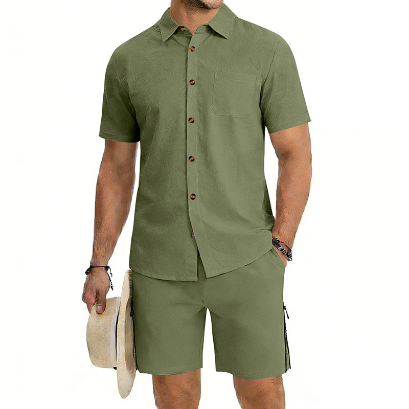 Mens Short-Sleeve Button-Down Shirt Drawstring Shorts Two-Piece Set - Image 7