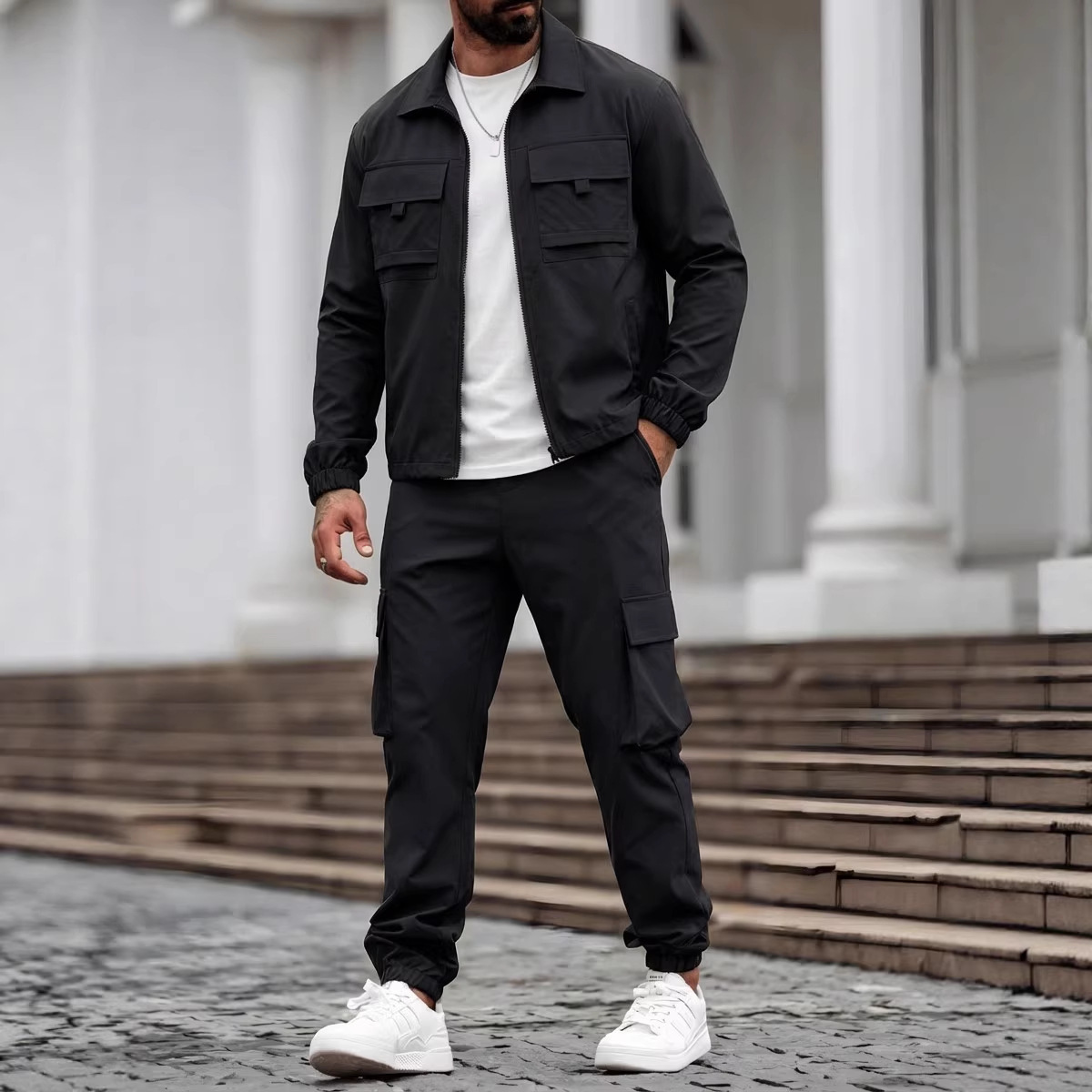 Mens Long-Sleeve Zip-Up Top And Pants Casual Workwear Set - Image 6