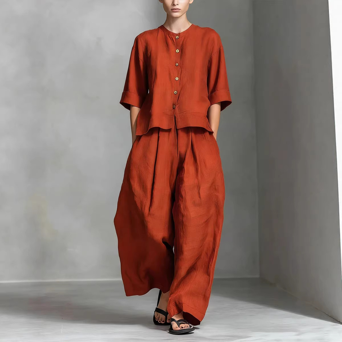 Solid-color Cotton-linen Shirt And Loose-fitting Trousers Two-piece Set