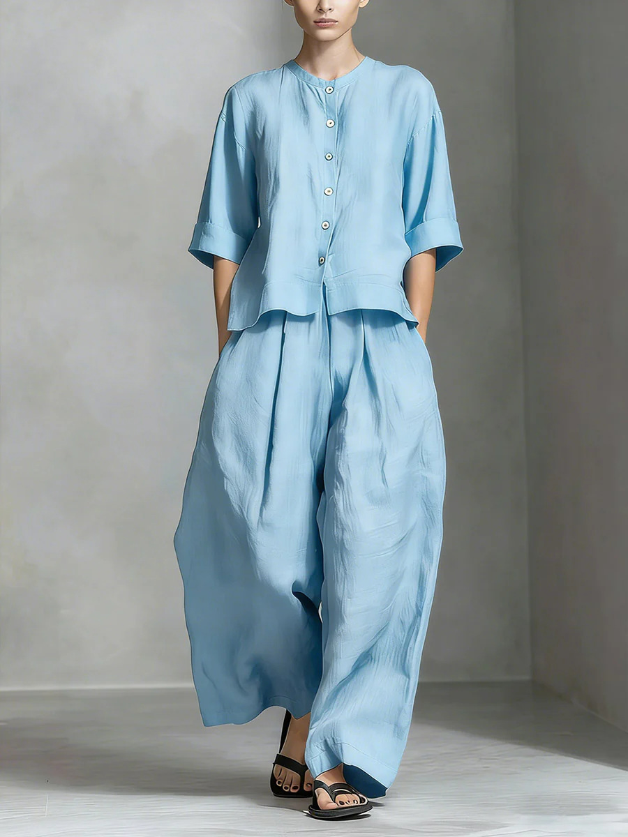 Solid-color Cotton-linen Shirt And Loose-fitting Trousers Two-piece Set - Image 8