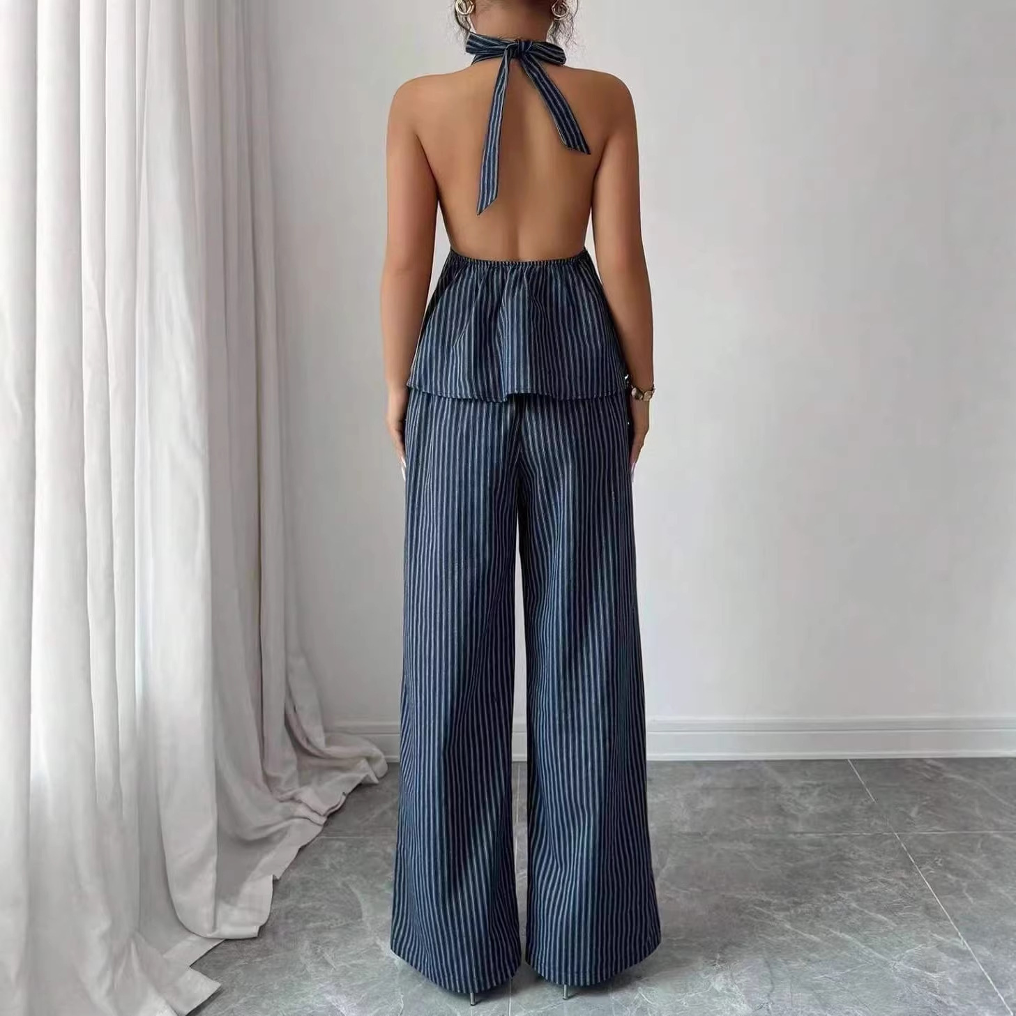 Sexy Backless Halter Jumpsuit And Straight Pants Fashionable Casual Set - Image 6