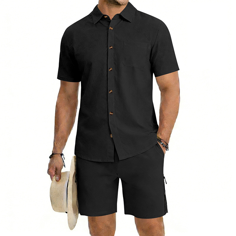 Mens Short-Sleeve Button-Down Shirt Drawstring Shorts Two-Piece Set - Image 4