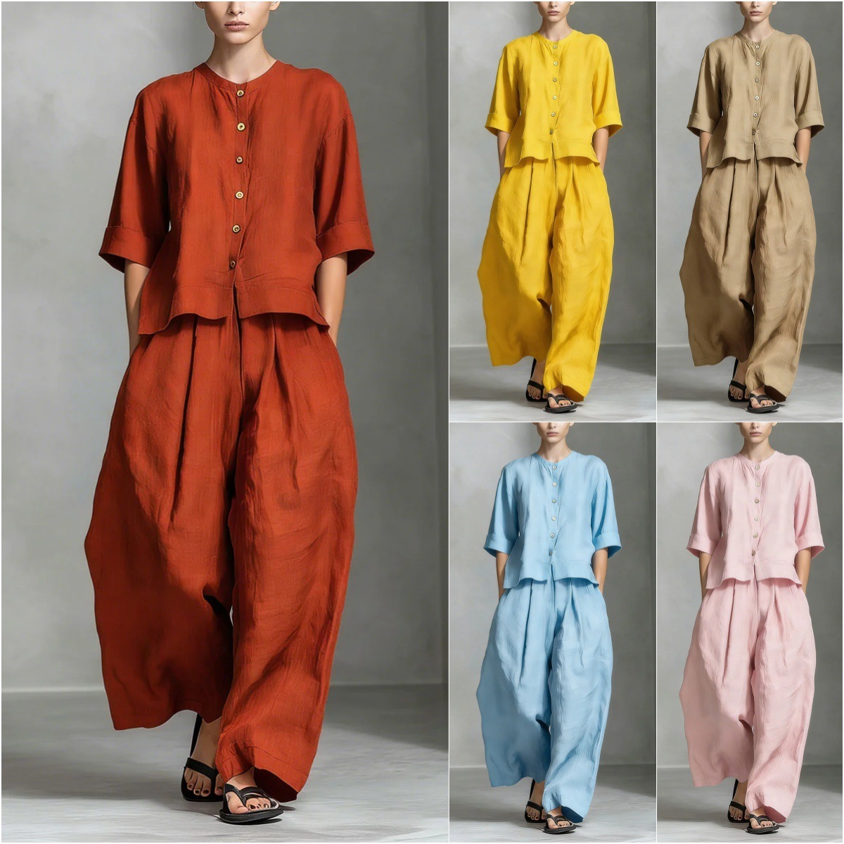 Solid-color Cotton-linen Shirt And Loose-fitting Trousers Two-piece Set - Image 3