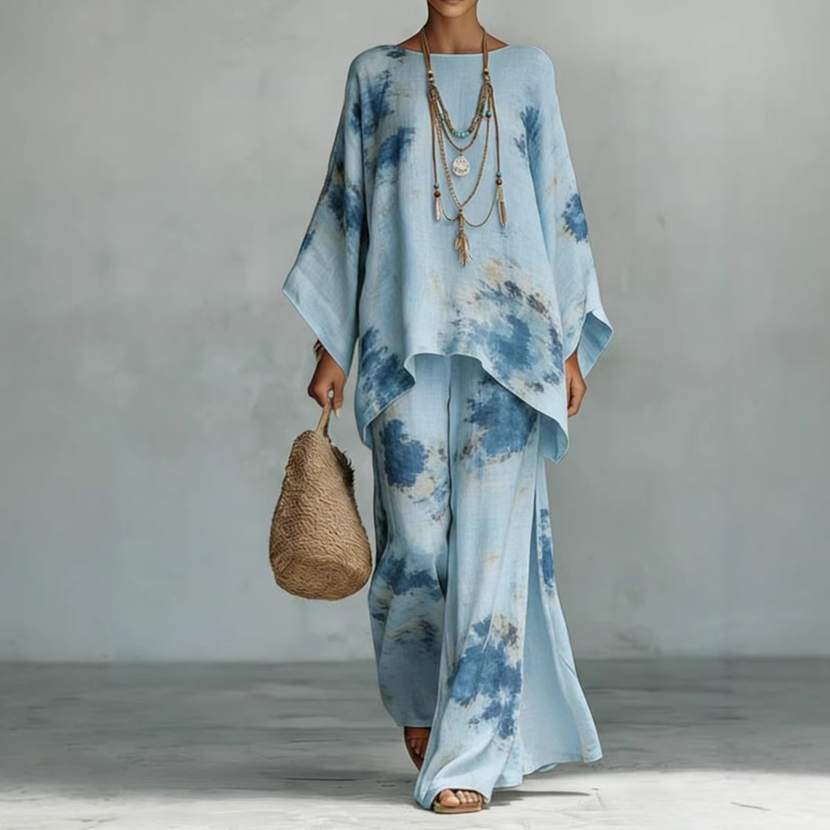 Women's Floral Print Linen Wide-Leg Two-Piece Set - Image 5