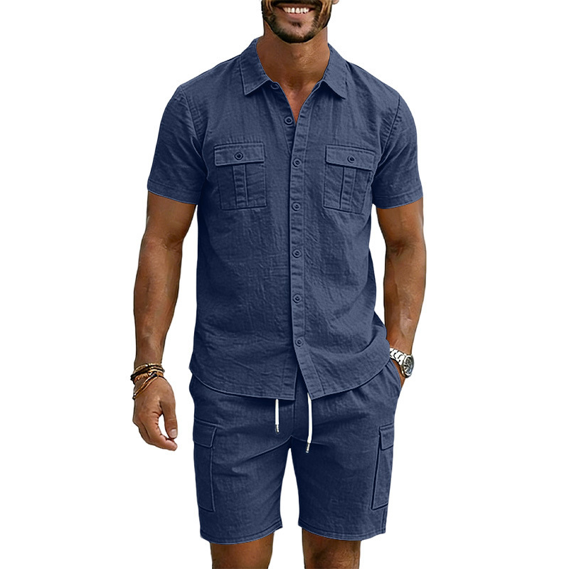 Men's Lapel Shirt And Multi-Pocket Shorts Set - Image 3