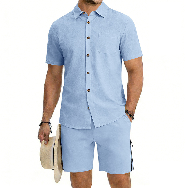 Mens Short-Sleeve Button-Down Shirt Drawstring Shorts Two-Piece Set - Image 9