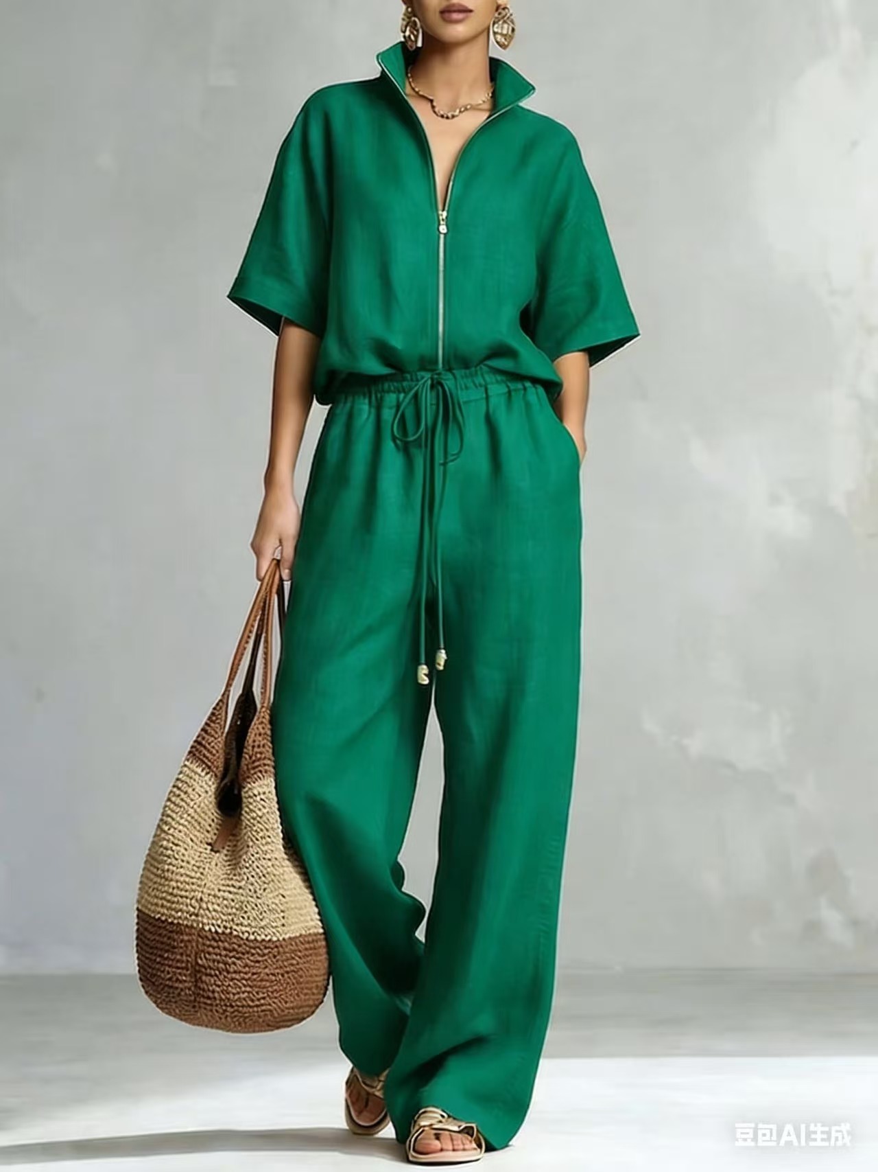 Womens Casual Loose Solid-Color Zip-Up Crew-Neck Wide-Leg Pants Set - Image 10