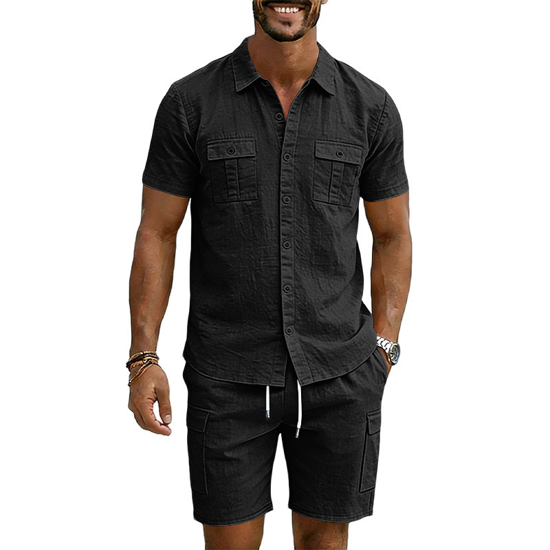 Men's Lapel Shirt And Multi-Pocket Shorts Set - Image 9