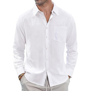 Thin Lapel-collar Linen Long-sleeve Shirt With Pockets
