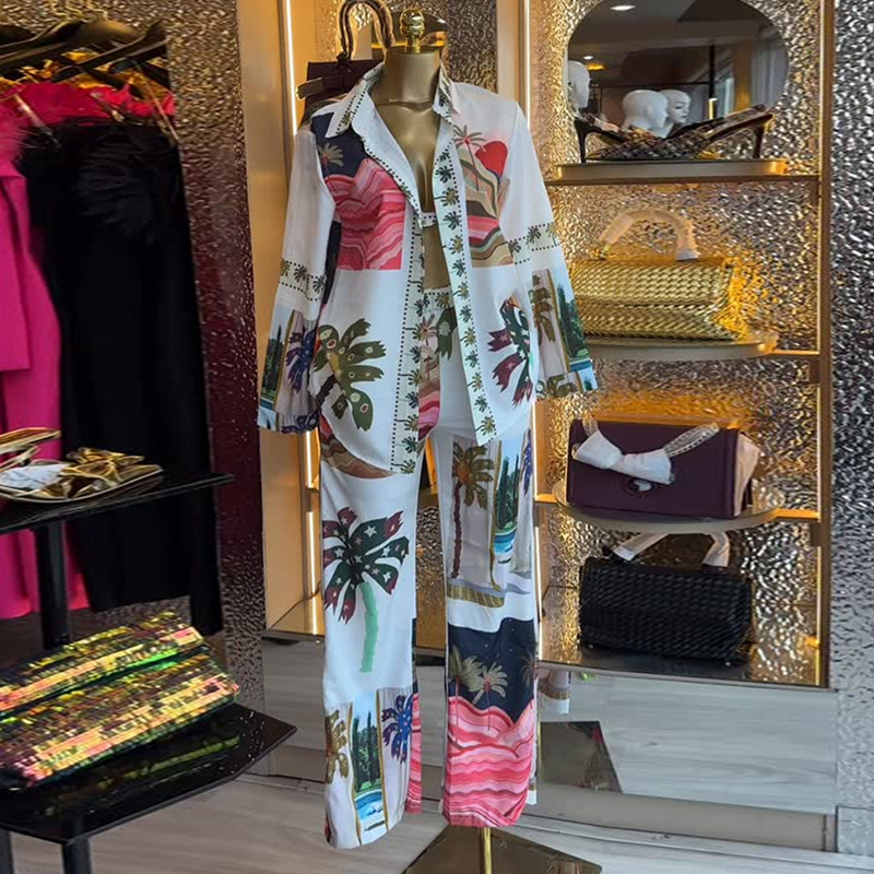 Printed Long-sleeve Shirt Bralette And Wide-leg Pants Three-piece Set