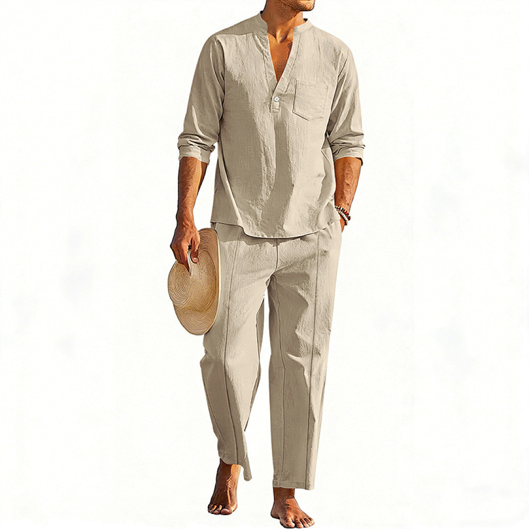 Casual Men's Henley Long-Sleeve Straight-Leg Pants Set - Image 10