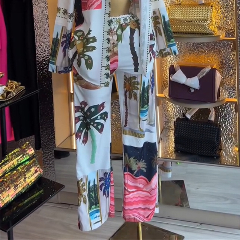 Printed Long-sleeve Shirt Bralette And Wide-leg Pants Three-piece Set - Image 5