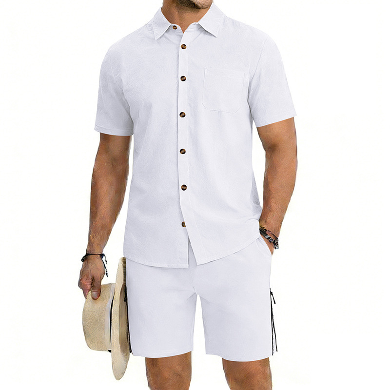 Mens Short-Sleeve Button-Down Shirt Drawstring Shorts Two-Piece Set - Image 8