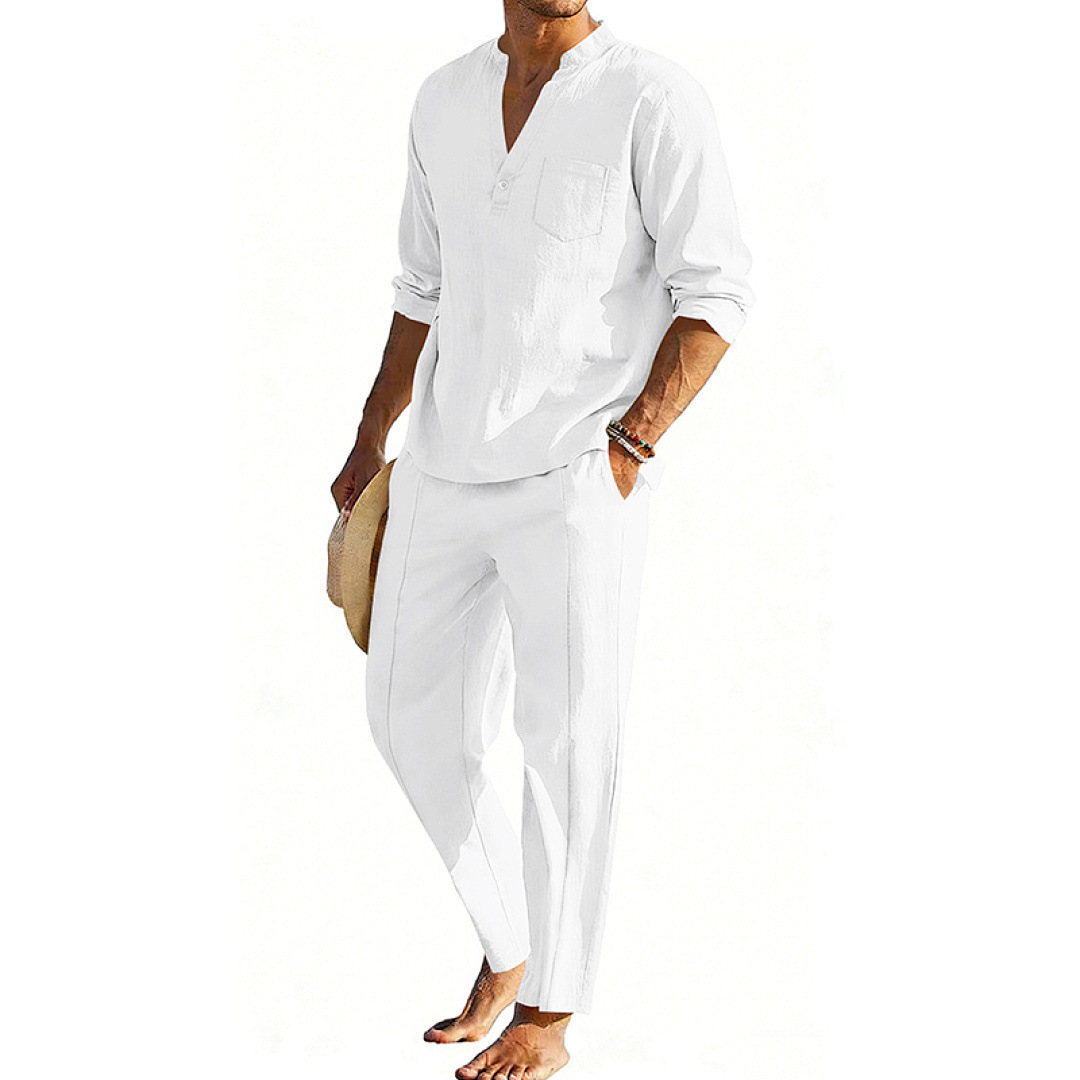 Casual Men's Henley Long-Sleeve Straight-Leg Pants Set - Image 6