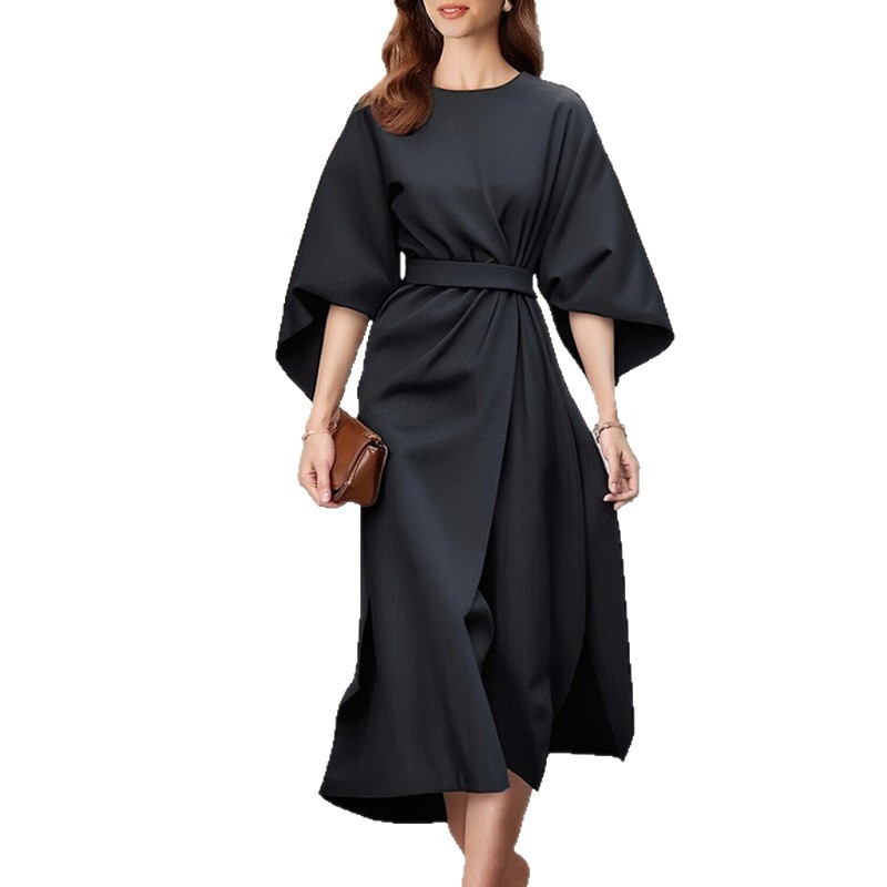 Fashionable Casual Everyday Commuter Solid-color Crew-neck Lace-up Dress - Image 5