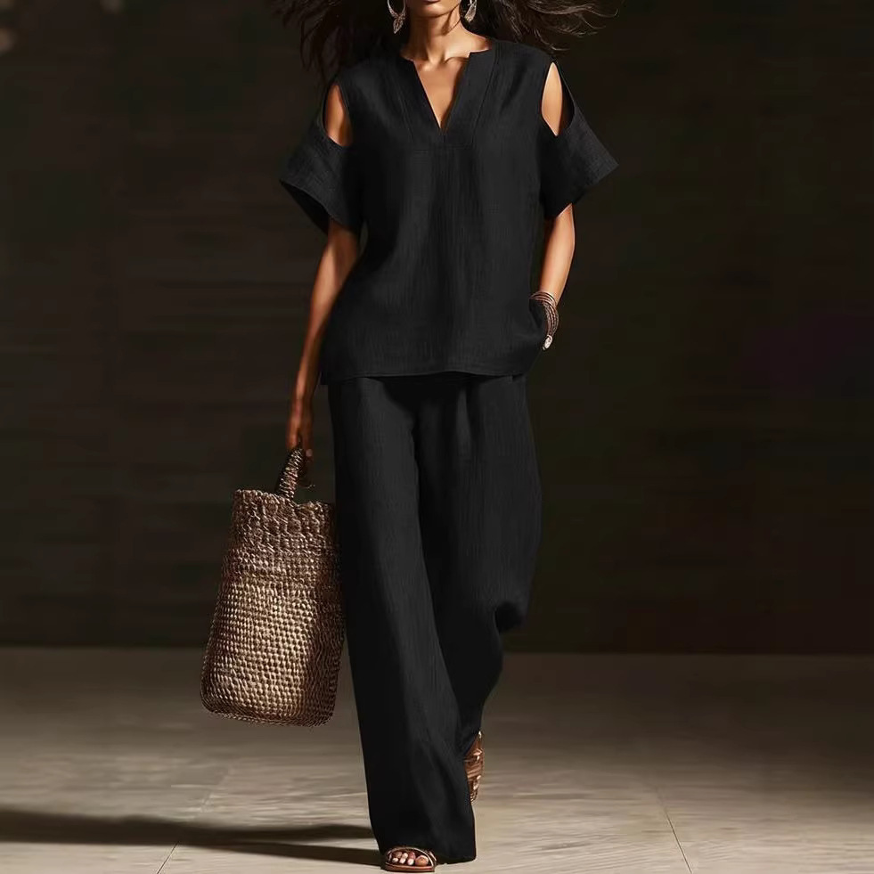 Womens Solid-Colored V-Neck Straight-Leg Pants Short-Sleeve Set With Ripped Details - Image 2