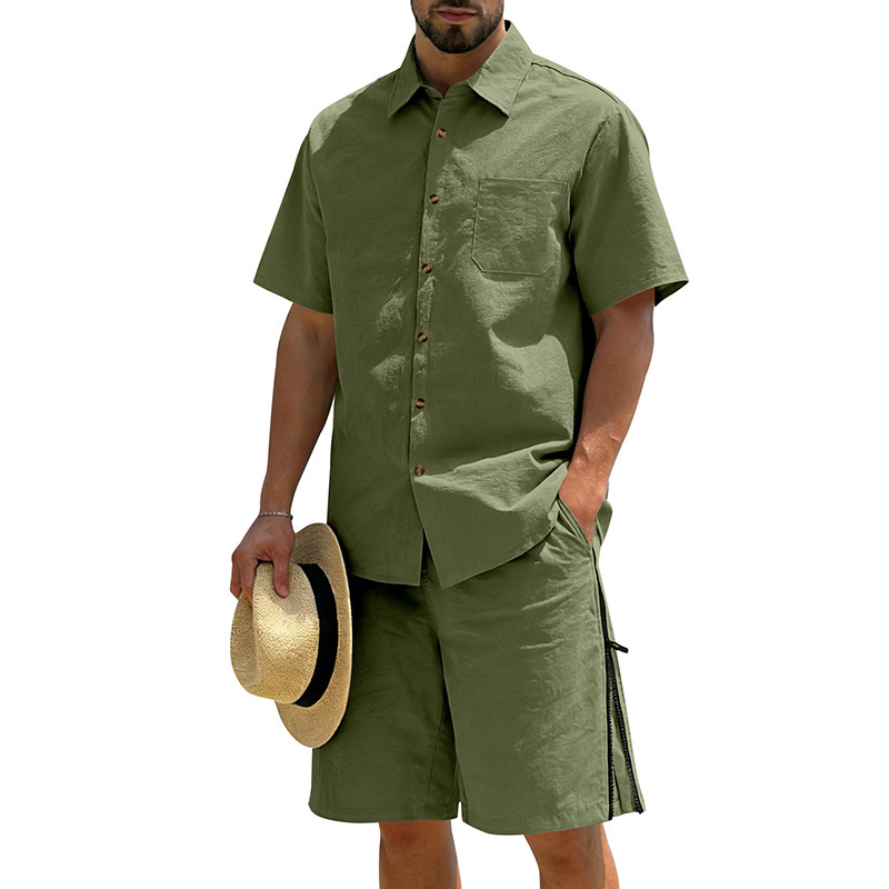 Mens Short-Sleeve Button-Down Shirt Drawstring Shorts Two-Piece Set - Image 3
