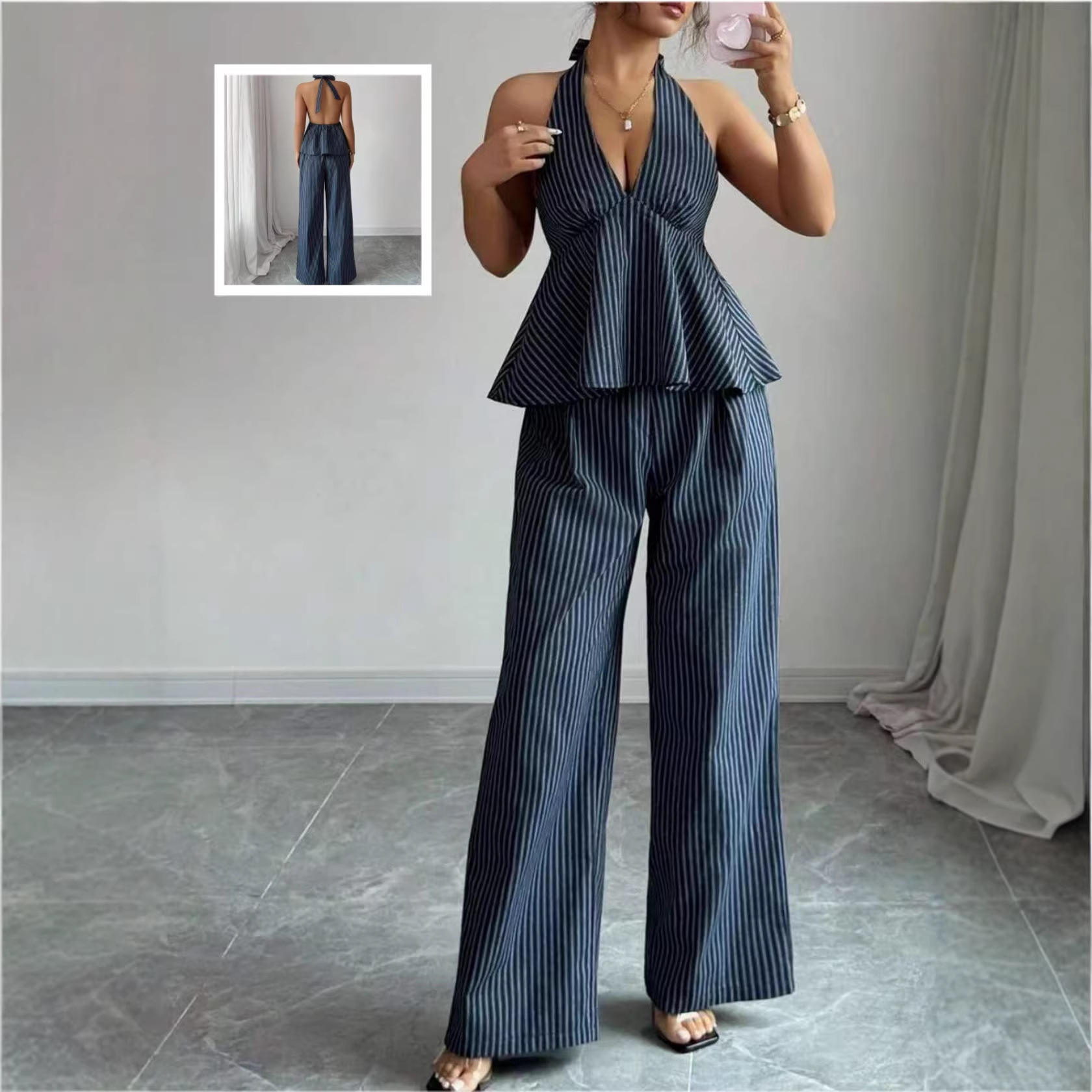 Sexy Backless Halter Jumpsuit And Straight Pants Fashionable Casual Set - Image 5