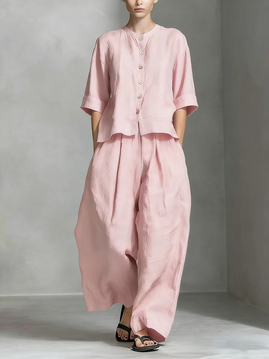 Solid-color Cotton-linen Shirt And Loose-fitting Trousers Two-piece Set - Image 10
