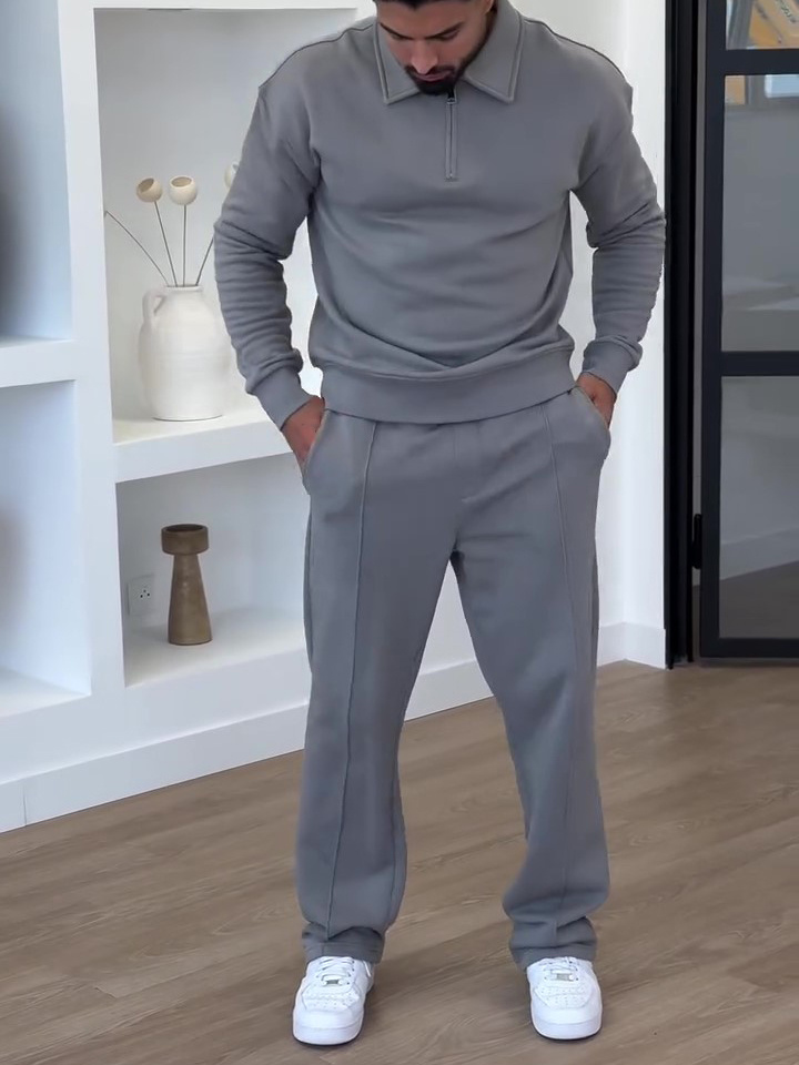 Half-Zip Polo Neck Sweatshirt & Slim Flare Pants Set - Image 3