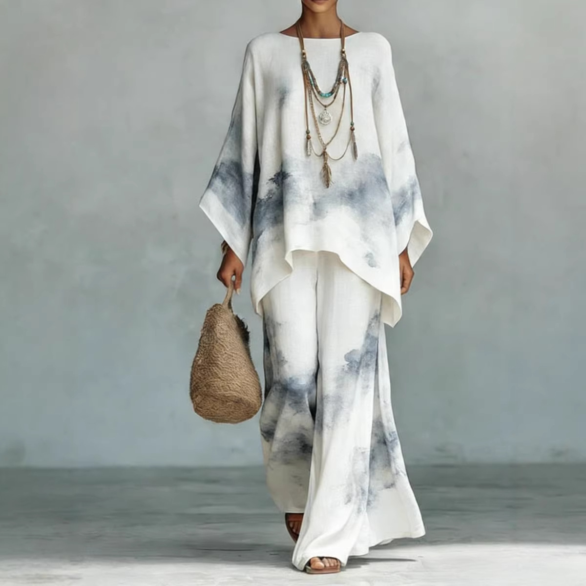 Women's Floral Print Linen Wide-Leg Two-Piece Set - Image 2