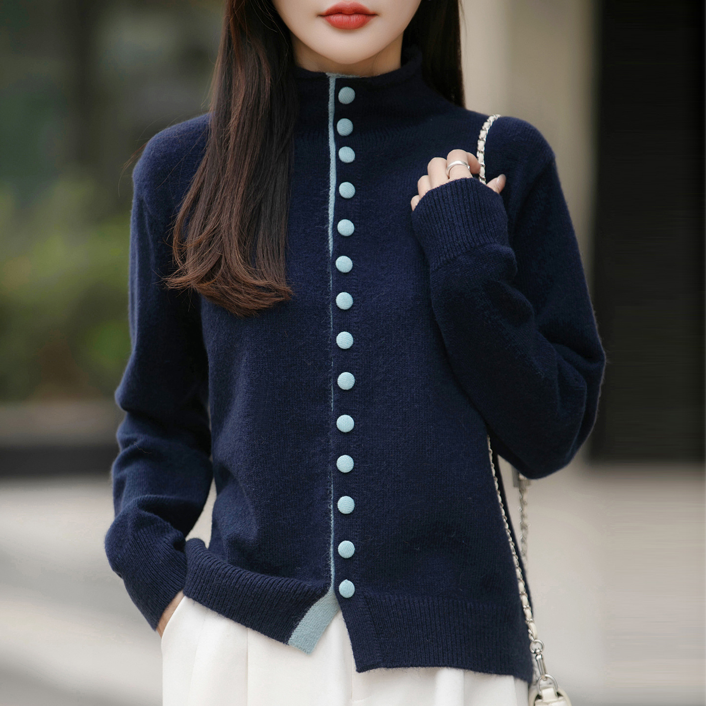 Old Money Style Color-Block Knitted Cardigan Womens Chic Contrasting Color Sweater Coat - Image 3