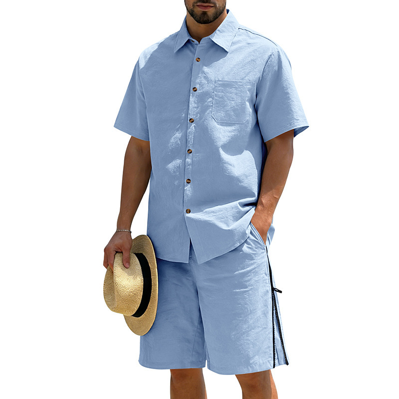 Mens Short-Sleeve Button-Down Shirt Drawstring Shorts Two-Piece Set - Image 10