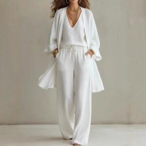 Womens Solid Color V-Neck Cardigan Vest With Pockets And Long Pants Three-Piece Set