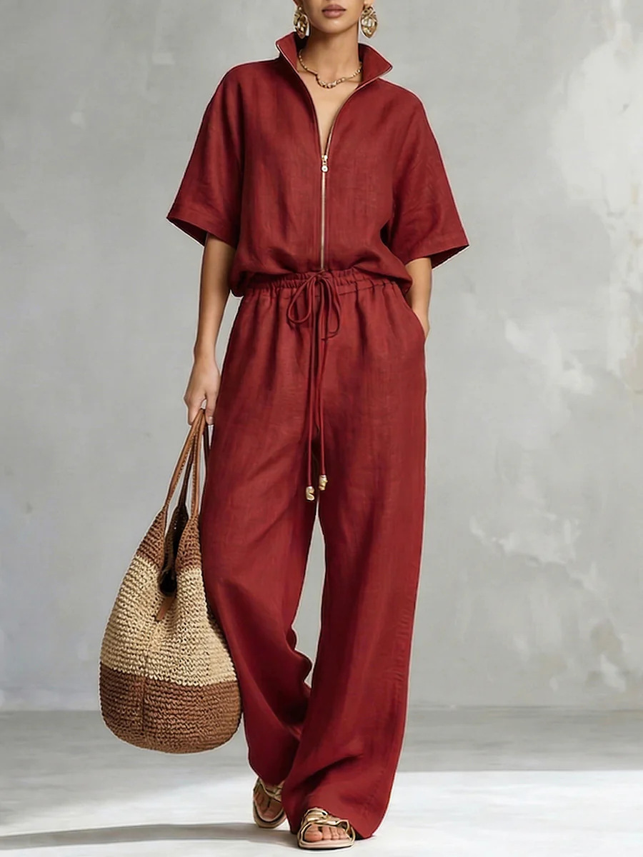 Womens Casual Loose Solid-Color Zip-Up Crew-Neck Wide-Leg Pants Set - Image 3