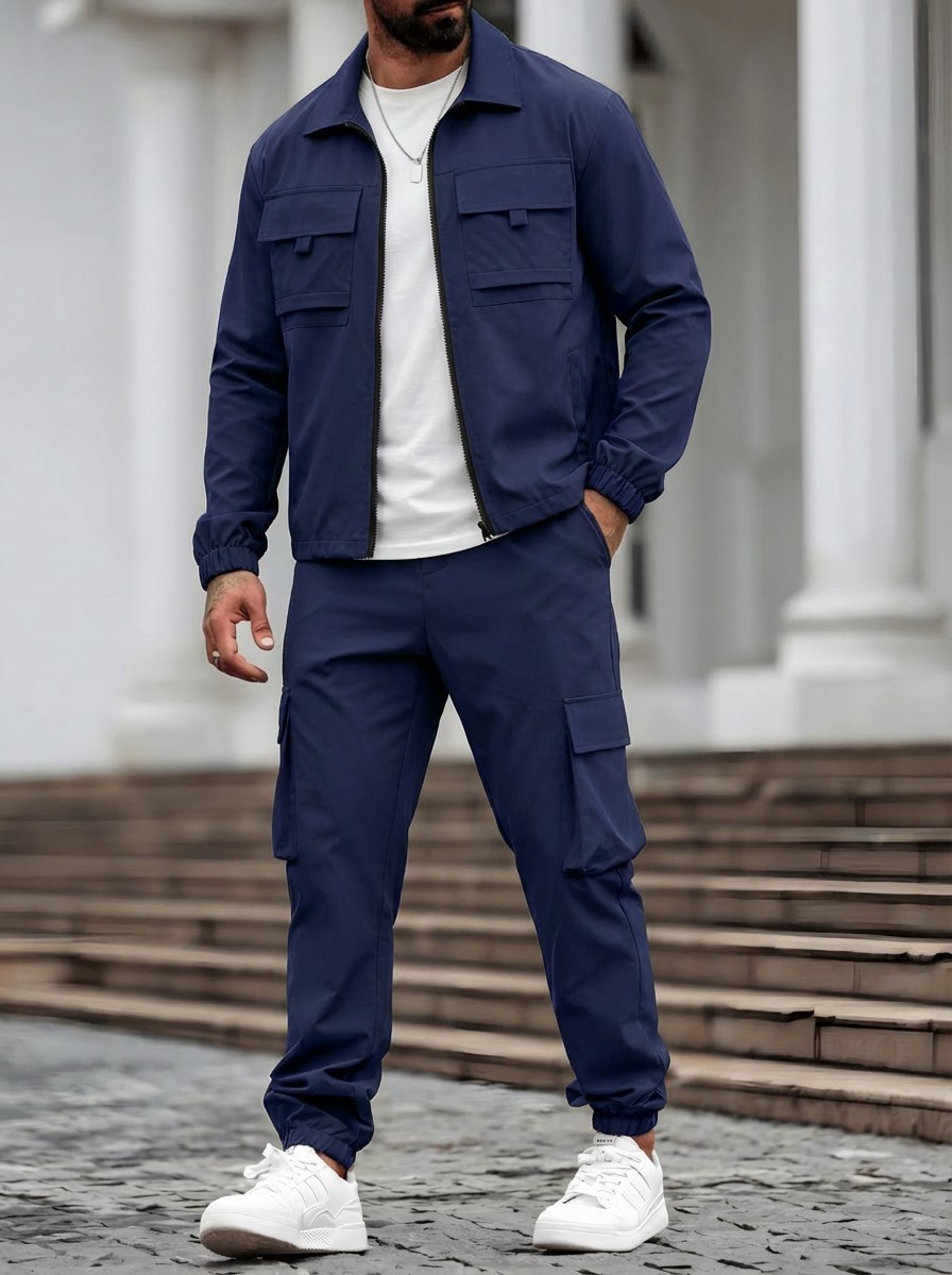 Mens Long-Sleeve Zip-Up Top And Pants Casual Workwear Set - Image 9