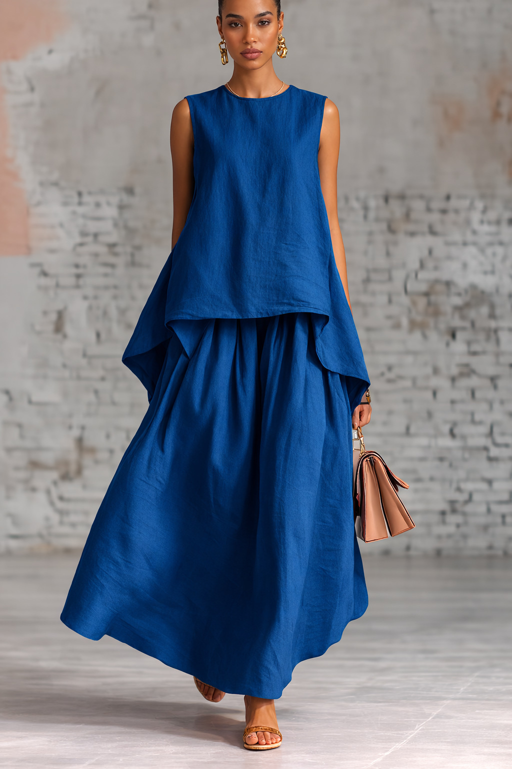 Elastic-waist Sleeveless Top With An Asymmetrical Hem And A Pleated Maxi Skirt - Image 5