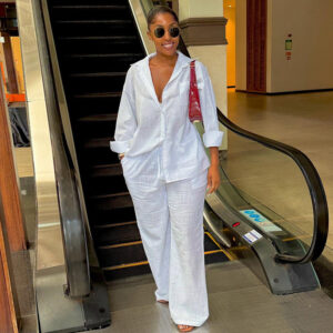 Turn-down Collar Loose-fit White Long-sleeve Shirt And Wide-leg Trousers Set