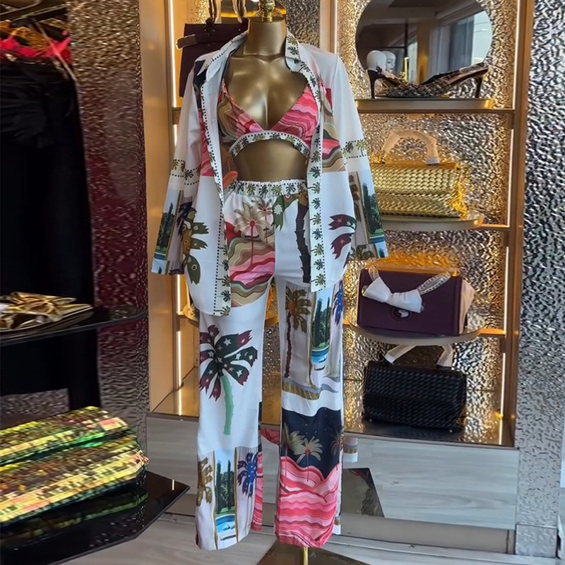 Printed Long-sleeve Shirt Bralette And Wide-leg Pants Three-piece Set - Image 2