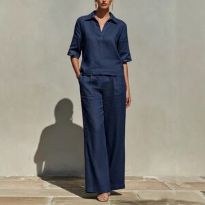 Women's Solid-Colored Casual Linen Two-Piece Set