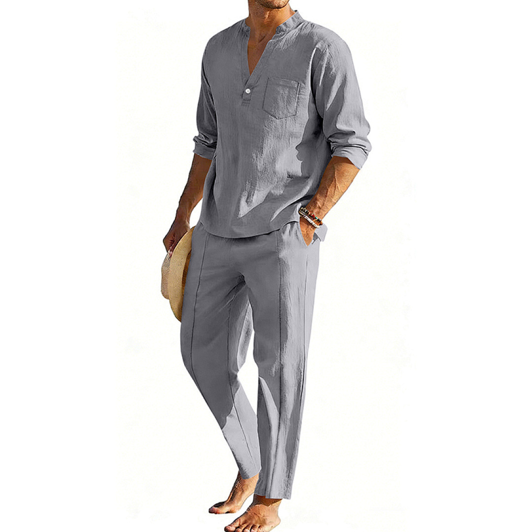 Casual Men's Henley Long-Sleeve Straight-Leg Pants Set - Image 2