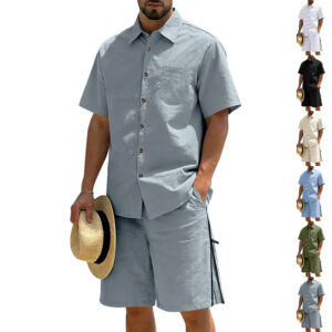 Mens Short-Sleeve Button-Down Shirt Drawstring Shorts Two-Piece Set