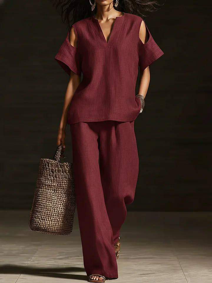 Womens Solid-Colored V-Neck Straight-Leg Pants Short-Sleeve Set With Ripped Details - Image 10