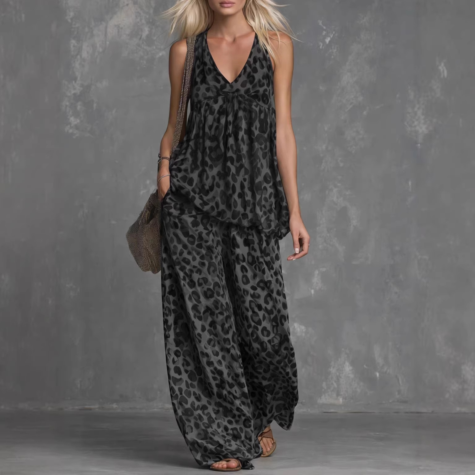 Womens Loose-Fitting Leopard-Print Sleeveless Top And Chiffon Pants Set - Image 4