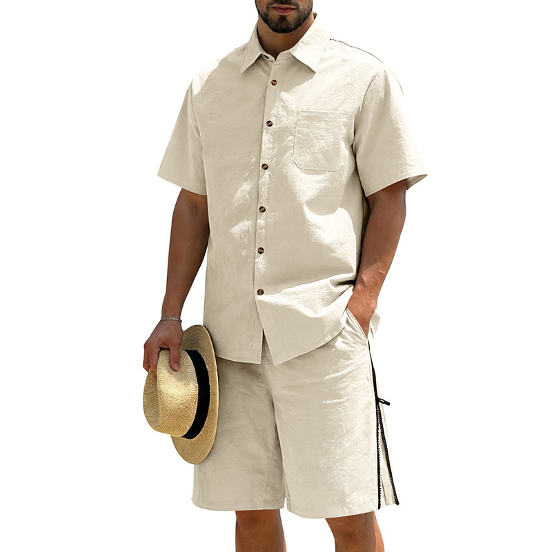 Mens Short-Sleeve Button-Down Shirt Drawstring Shorts Two-Piece Set - Image 6