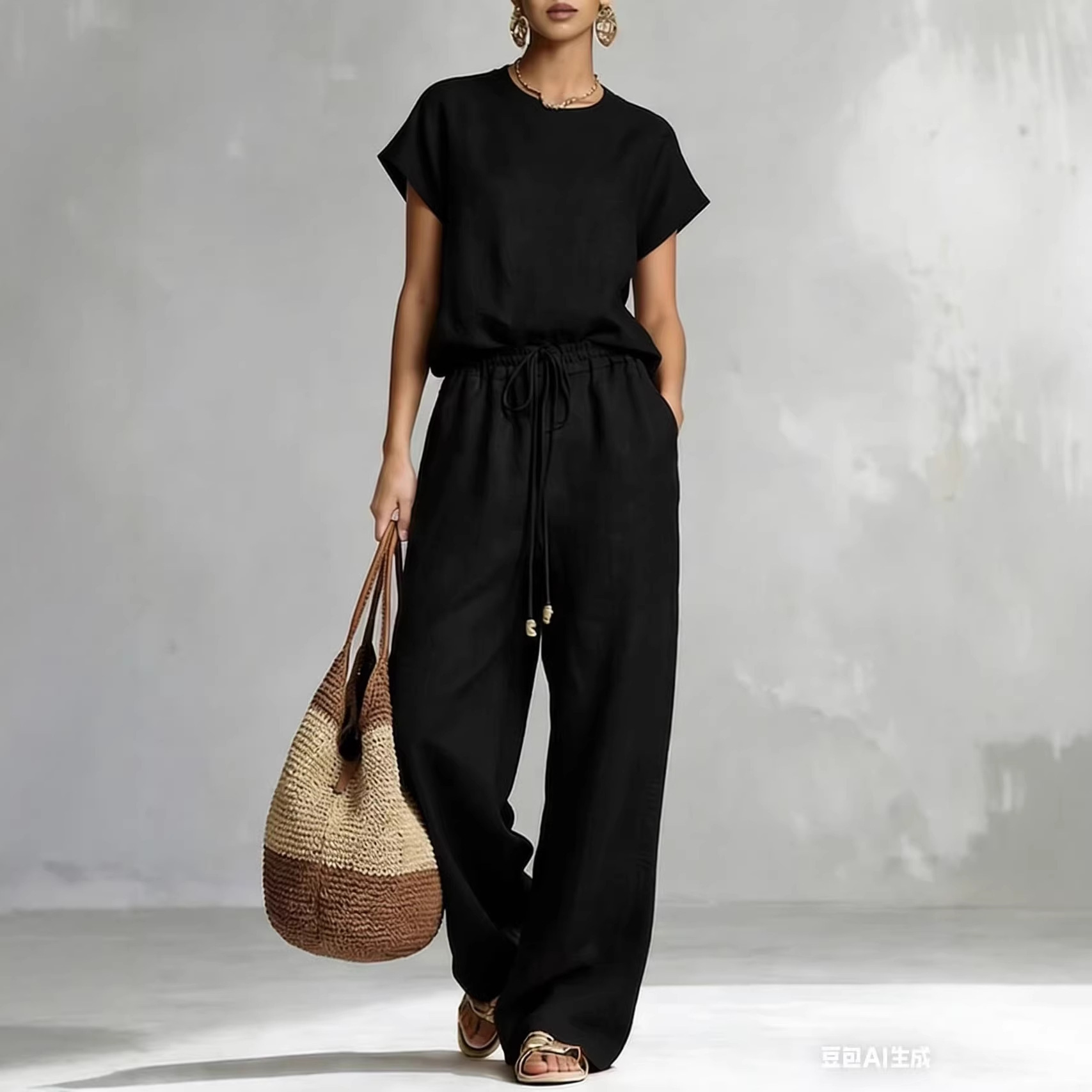 Womens Casual Loose Solid-Color Zip-Up Crew-Neck Wide-Leg Pants Set - Image 2