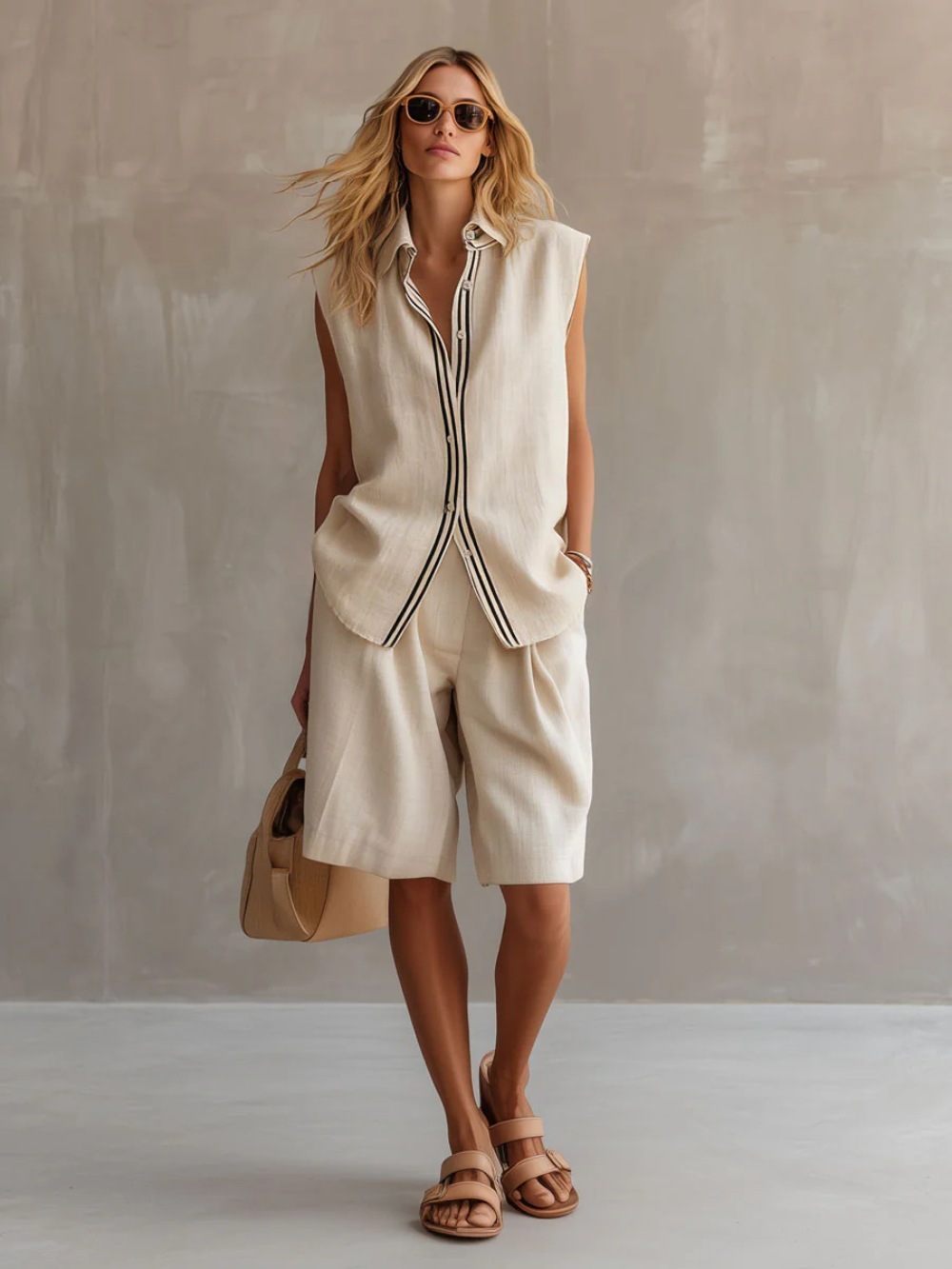Single-breasted Sleeveless Linen Shirt And Shorts Set - Image 3