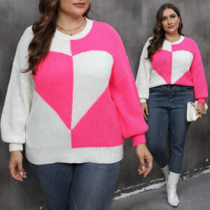 Pullover Knitted Sweater Heart Patchwork Contrasting Color Sweater Women