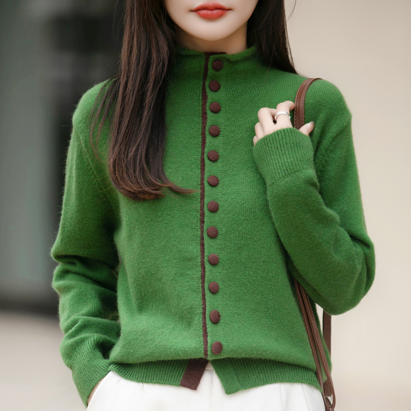 Old Money Style Color-Block Knitted Cardigan Womens Chic Contrasting Color Sweater Coat - Image 5