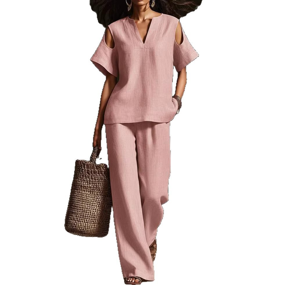 Womens Solid-Colored V-Neck Straight-Leg Pants Short-Sleeve Set With Ripped Details - Image 4