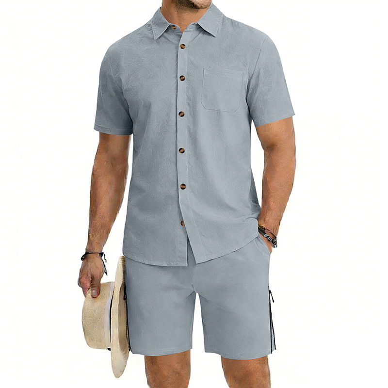 Mens Short-Sleeve Button-Down Shirt Drawstring Shorts Two-Piece Set - Image 5